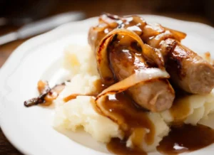 A traditional British bangers and mash