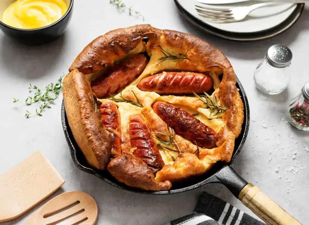 A rustic frying pan with sausages in british toad in the hole