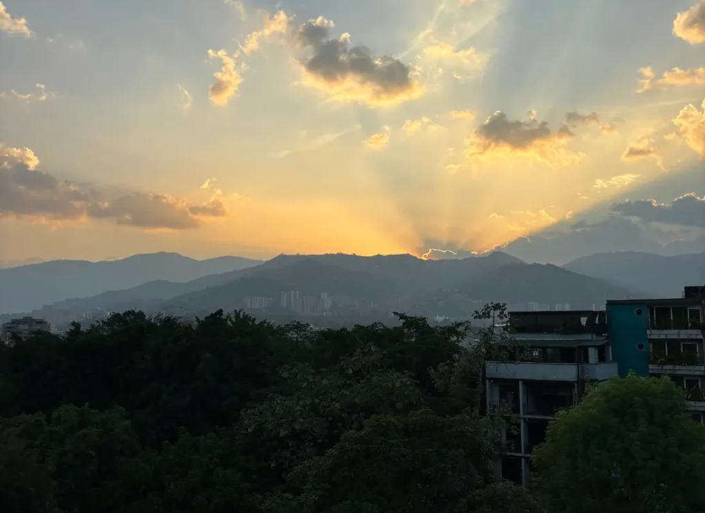 A view of the sunset in Medellin from the bus from Cali to Medellin