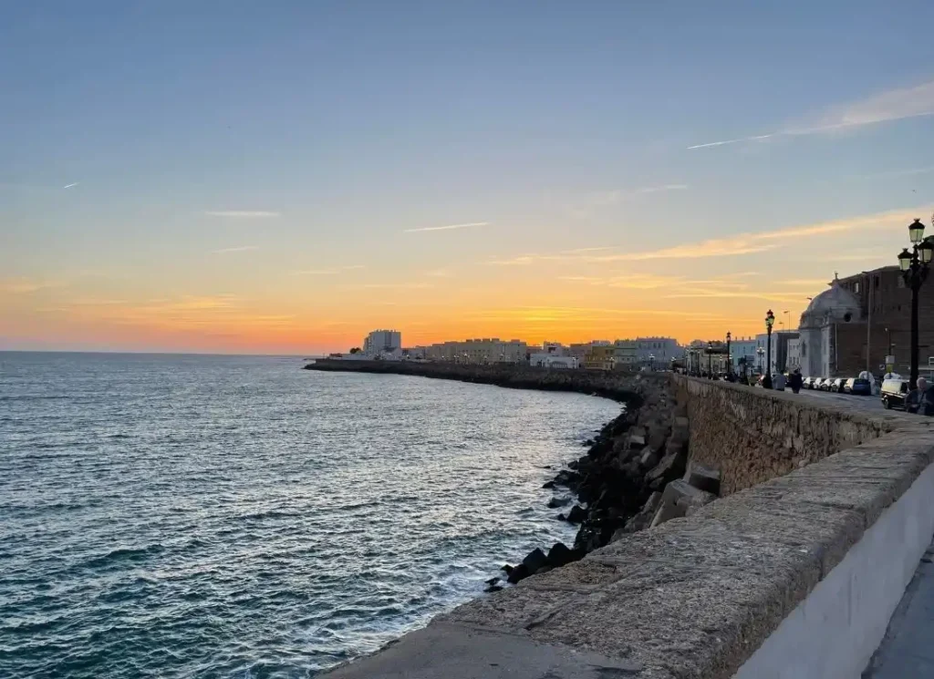 The sunset over the sea in Cadiz, Spain